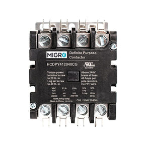 Migro 40A 4 Pole 600V Definite Purpose, NO Contactor - 110/120VAC Coil for HVAC and Lighting - UL Certified