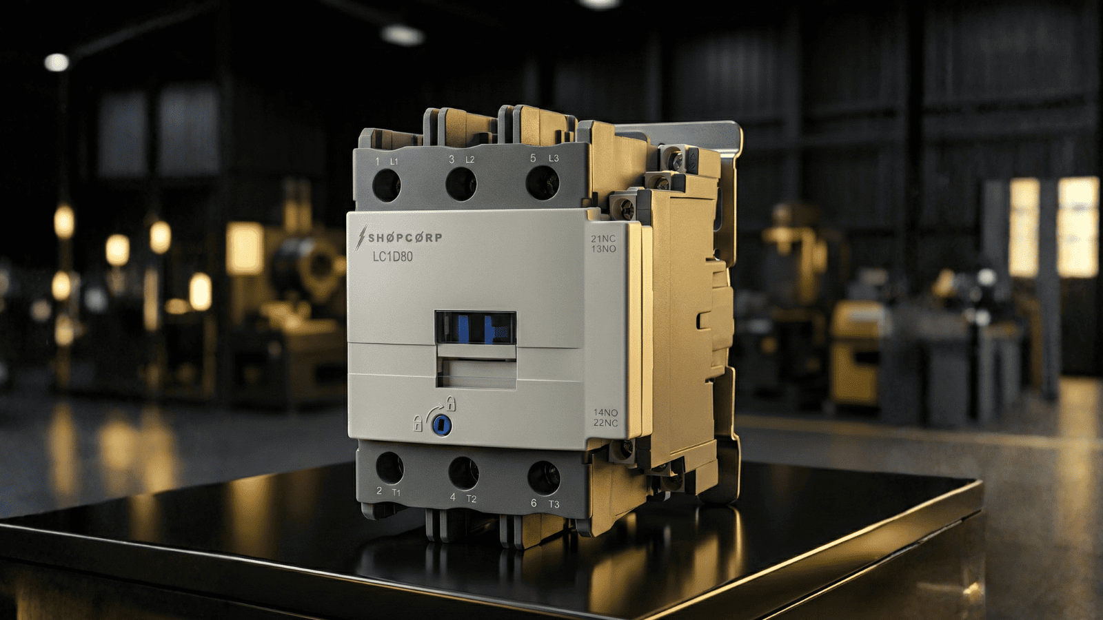 Industrial electrical contactor 80 amp 3 pole motor contactor for HVAC systems and industrial applications, high performance AC contactor on workshop table