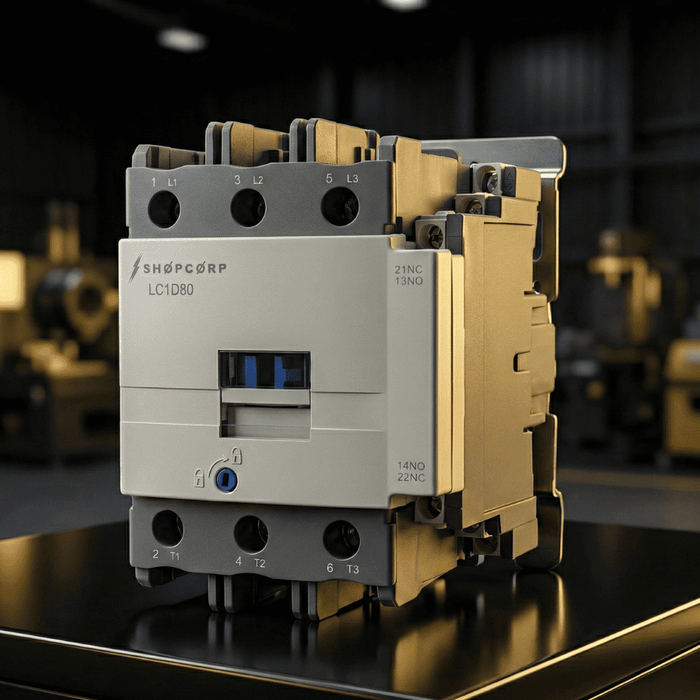 Industrial electrical contactor 80 amp 3 pole motor contactor for HVAC systems and industrial applications, high performance AC contactor on workshop table