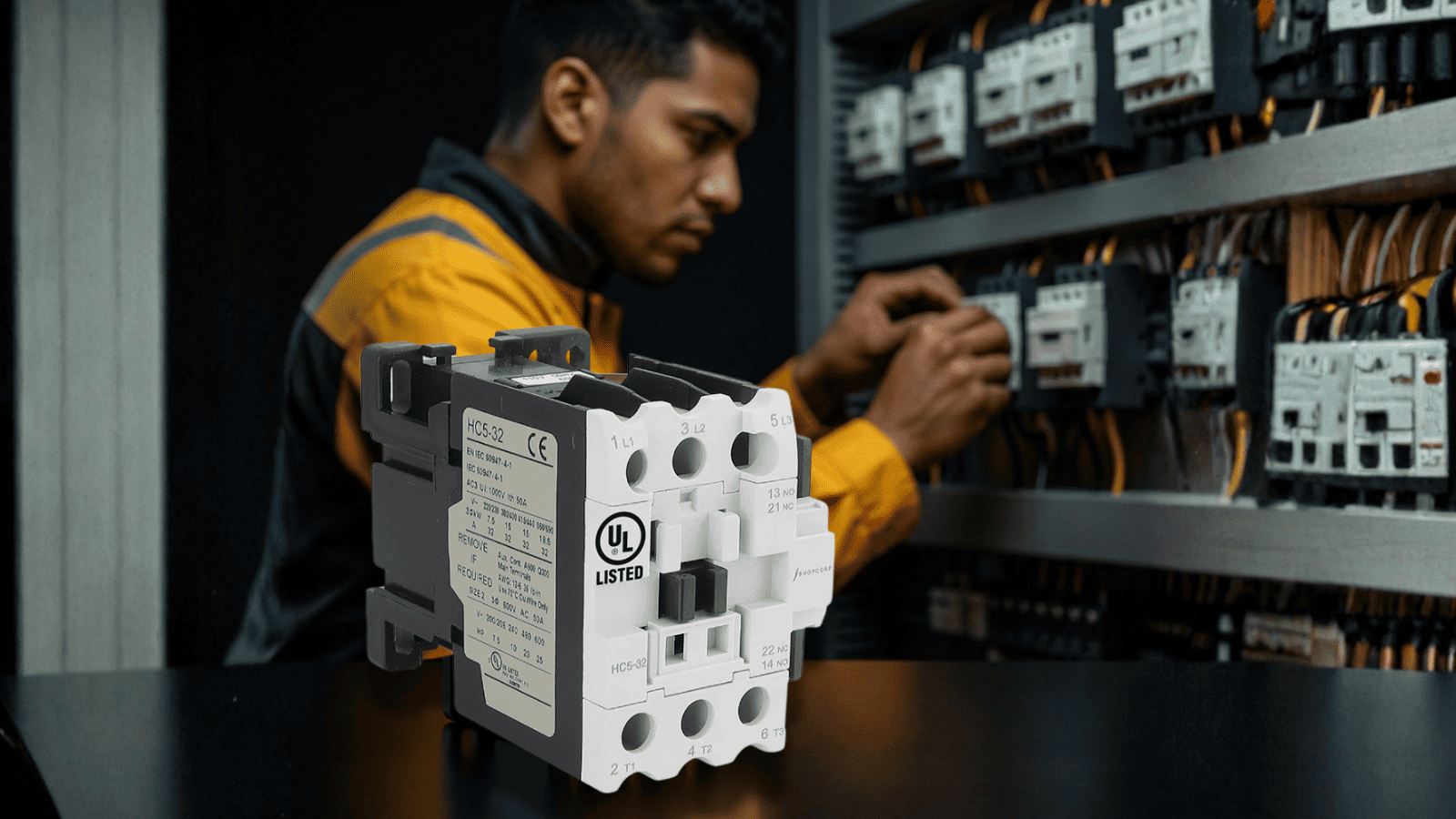 UL-listed 3-pole contactor in front of electrician working on industrial control panel