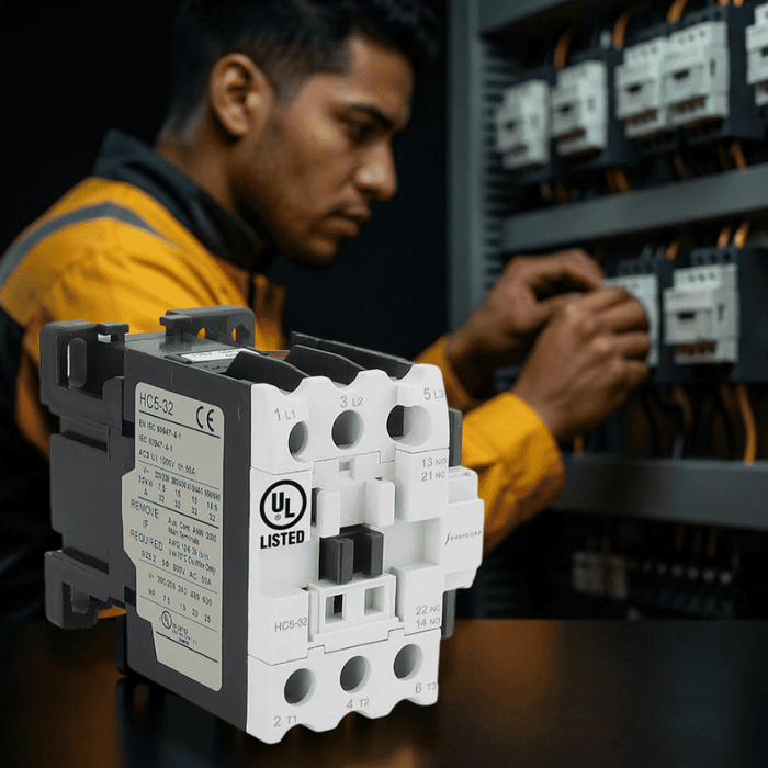 UL-listed 3-pole contactor in front of electrician working on industrial control panel