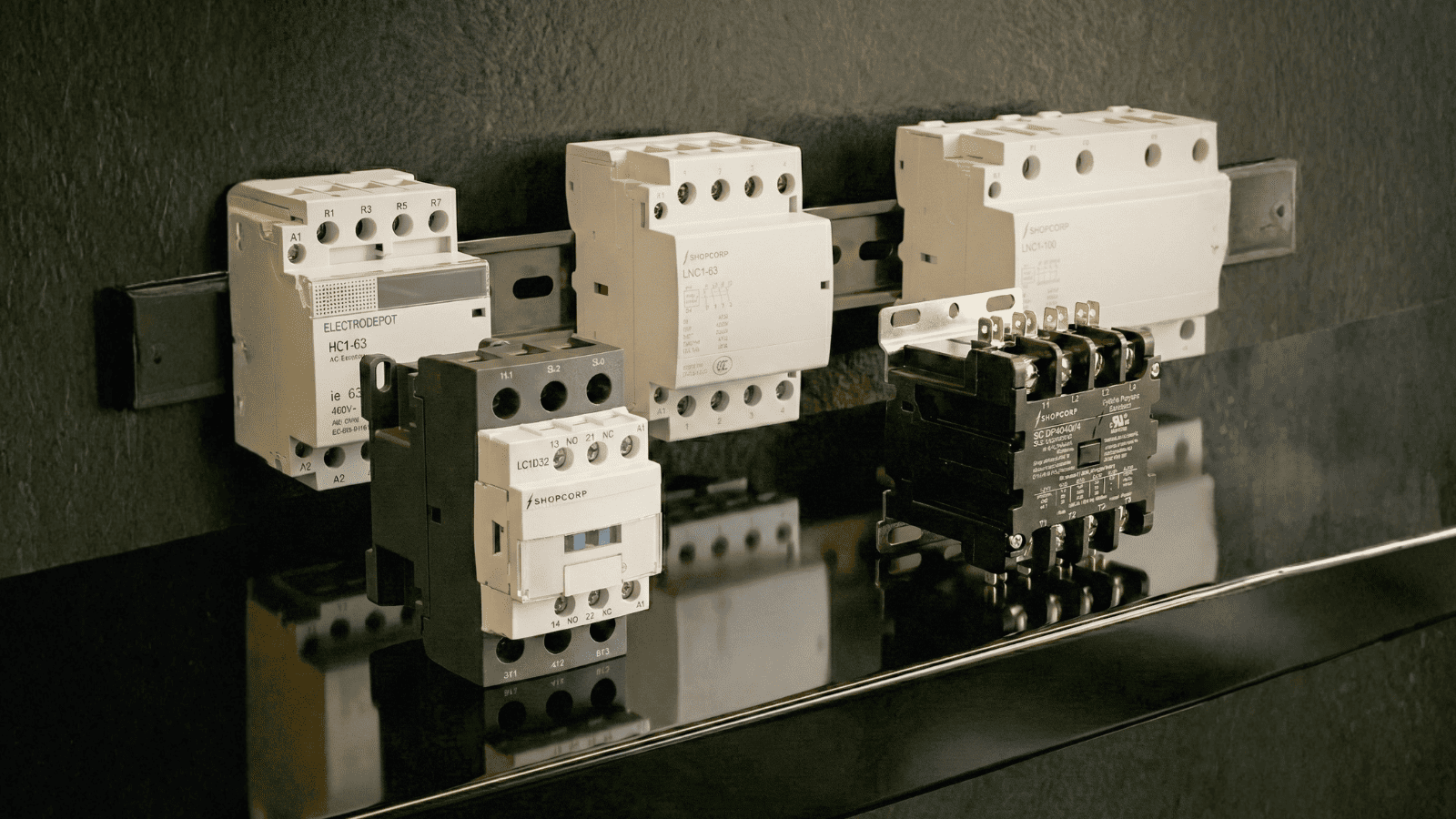 Multiple electrical contactors mounted on a DIN rail and displayed on a reflective surface, showing different sizes and configurations for industrial and HVAC control applications