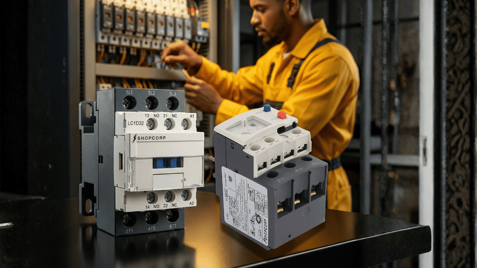 electrical contactor and overload relay on control panel with technician working in industrial environment HVAC motor control applications