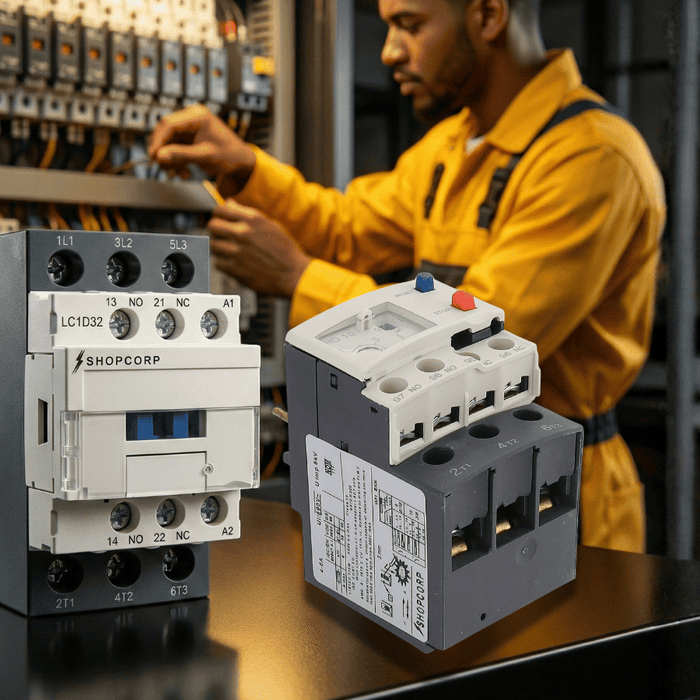 electrical contactor and overload relay on control panel with technician working in industrial environment HVAC motor control applications