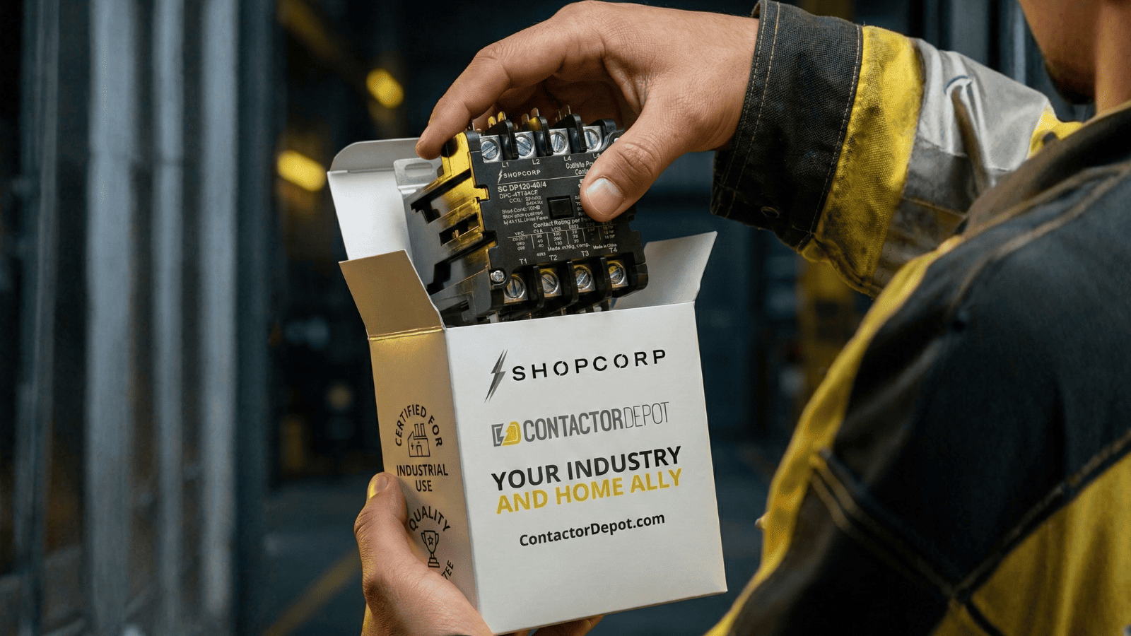 Technician unboxing a Shopcorp definite purpose contactor from Contactor Depot, HVAC electrical component for industrial and home applications