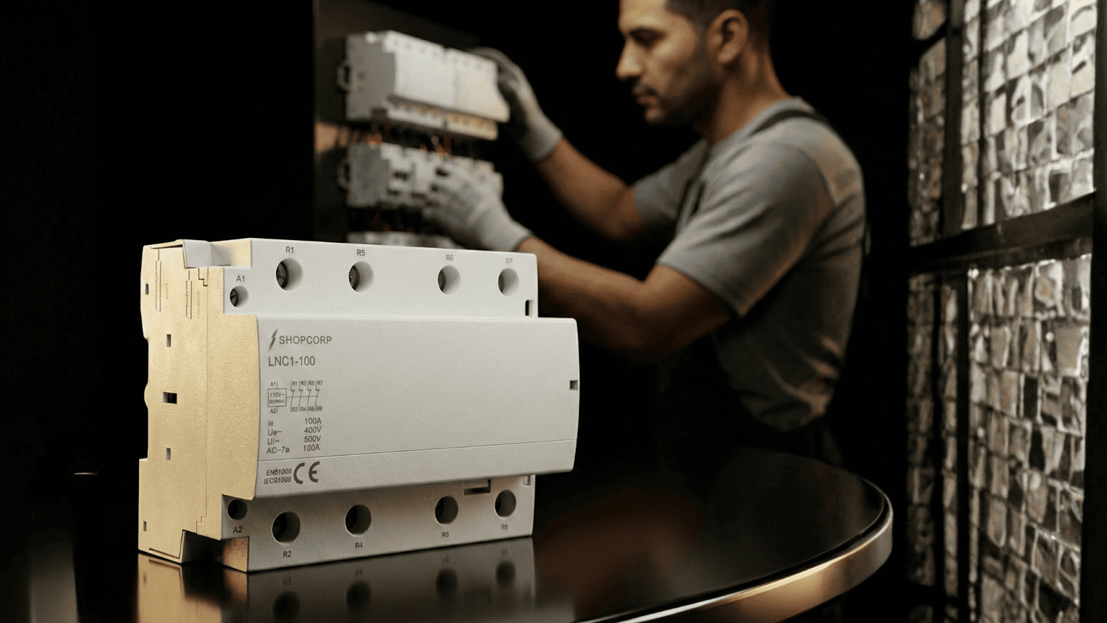 Electrician installing a Shopcorp LNC1-100 4 pole normally closed contactor in an electrical panel, industrial lighting control application