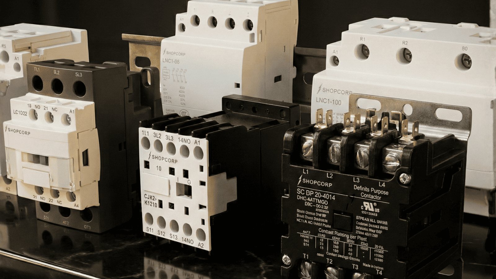 Row of six industrial electrical contactors on black surface – Shopcorp LN1-43, Schneider LC1, ABB AF series DIN rail mount models for motor control, HVAC, lighting applications in Contactor Depot catalog