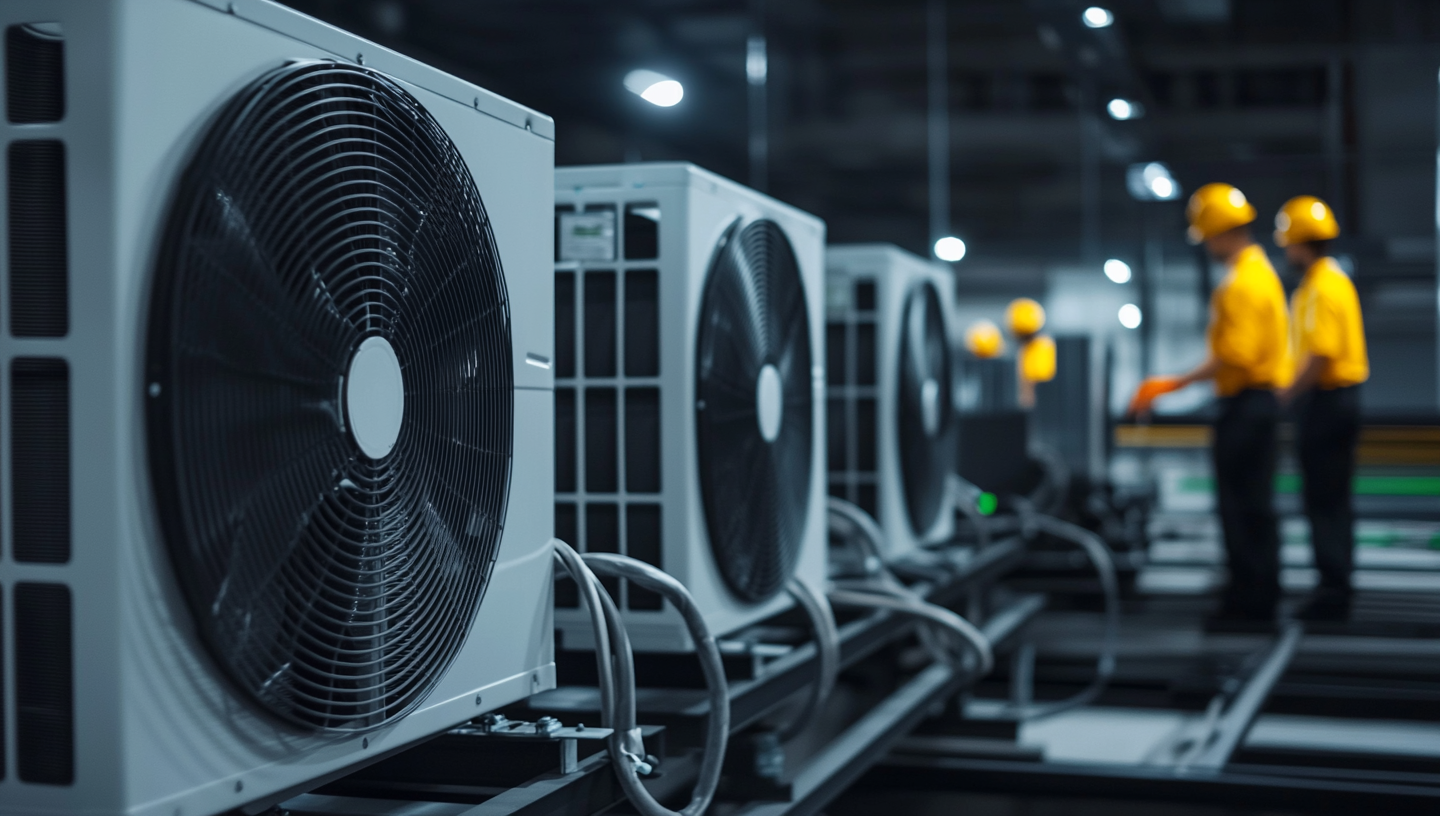 HVAC outdoor units with technicians inspecting, highlighting the role of contactors in heating systems during fall startups.