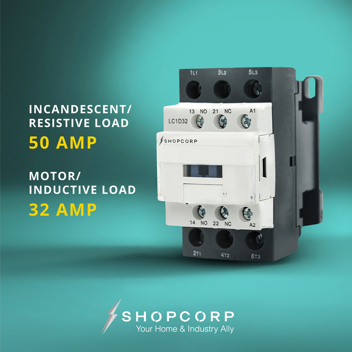 Shopcorp 30A 3 Pole Contactor - NO IEC 660V, Auxiliary 1NO/1NC - 220/240VAC Coil for HVAC, AC, Motor Load and Lighting - Includes DIN Rail