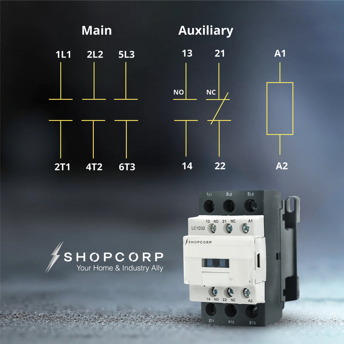 Shopcorp 30A 3 Pole IEC 660V Contactor - Normally Open and Auxiliary 1NO/1NC - 110/120VAC Coil for HVAC, AC, Motor Load and Lighting