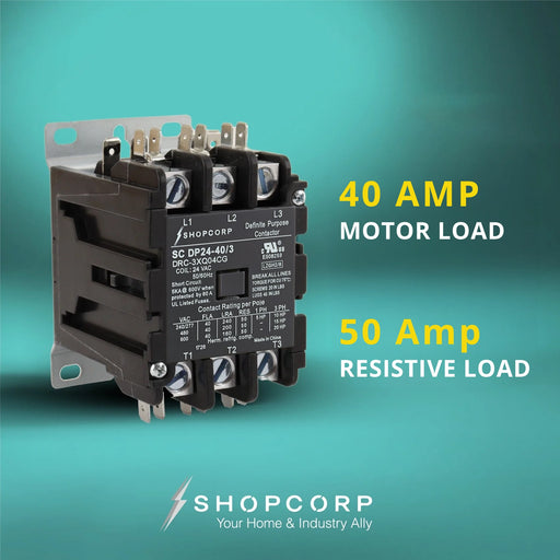 Shopcorp 40 Amp 3 Pole Definite Purpose Contactor – 24VAC Coil, UL Listed for HVAC, Refrigeration & Heat Pump Systems
