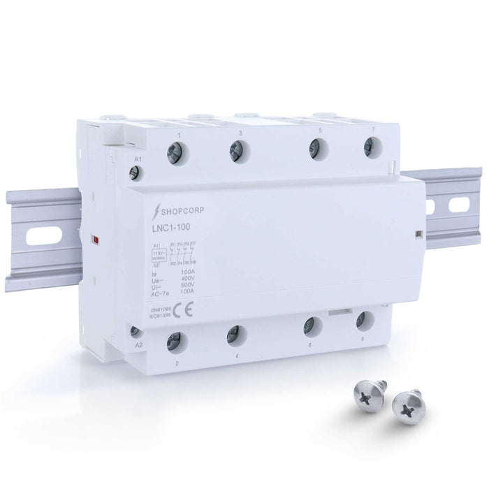 Shopcorp 100 Amp 4 Pole Normally Closed IEC 500V Contactor with DIN Rail and 2 Screws for HVAC, AC, Motor Load and Lighting