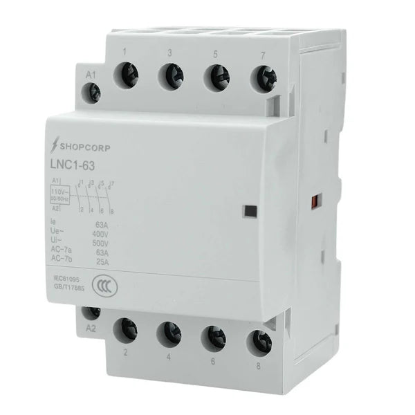 Shopcorp 63A 4 Pole NO IEC 400V Contactor - 110/120VAC Coil for HVAC, AC, Motor Load, and Lighting