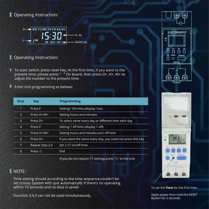 24-7 Electronic Timer, DIN Rail and Screws for HVAC, AC, Motor Load and Lighting