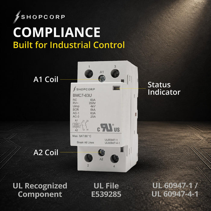 Shopcorp 2 Pole 63A NO Contactor, 230V AC/DC Coil for HVAC & Lighting, DIN Rail, UL Recognized
