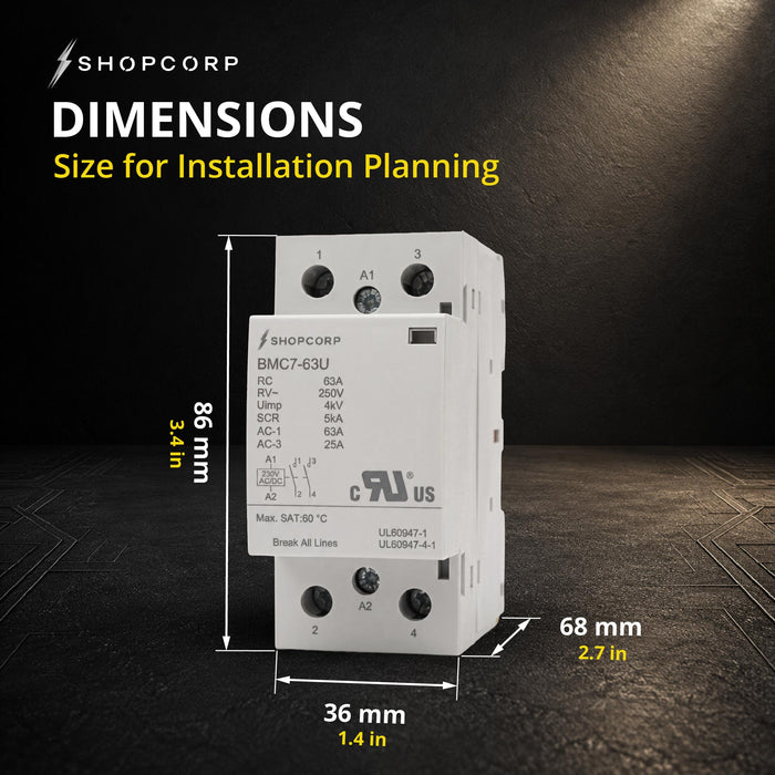 Shopcorp 2 Pole 63A NO Contactor, 230V AC/DC Coil for HVAC & Lighting, DIN Rail, UL Recognized