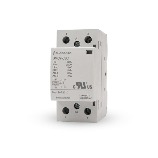 Shopcorp 2 Pole 63A NO Contactor, 230V AC/DC Coil for HVAC & Lighting, DIN Rail, UL Recognized