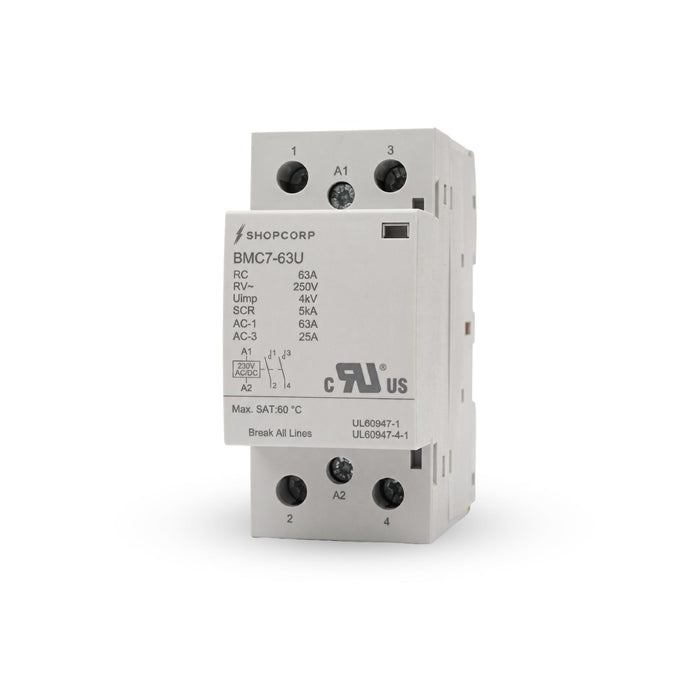Shopcorp 2 Pole 63A NO Contactor, 230V AC/DC Coil for HVAC & Lighting, DIN Rail, UL Recognized
