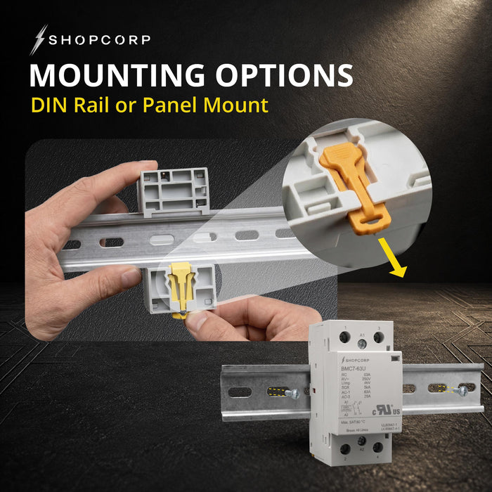 Shopcorp 2 Pole 63A NO Contactor, 230V AC/DC Coil for HVAC & Lighting, DIN Rail, UL Recognized