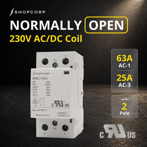 Shopcorp 2 Pole 63A NO Contactor, 230V AC/DC Coil for HVAC & Lighting, DIN Rail, UL Recognized
