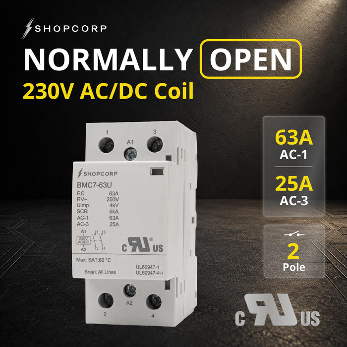 Shopcorp 2 Pole 63A NO Contactor, 230V AC/DC Coil for HVAC & Lighting, DIN Rail, UL Recognized