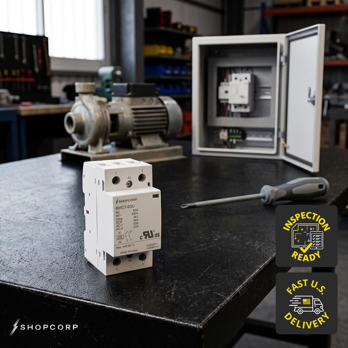 Shopcorp 2 Pole 63A NO Contactor, 230V AC/DC Coil for HVAC & Lighting, DIN Rail, UL Recognized