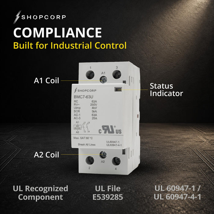 Shopcorp 2 Pole 63A NO Contactor, 24V AC/DC Coil, 250V, DIN Rail | UL Recognized for Lighting & HVAC