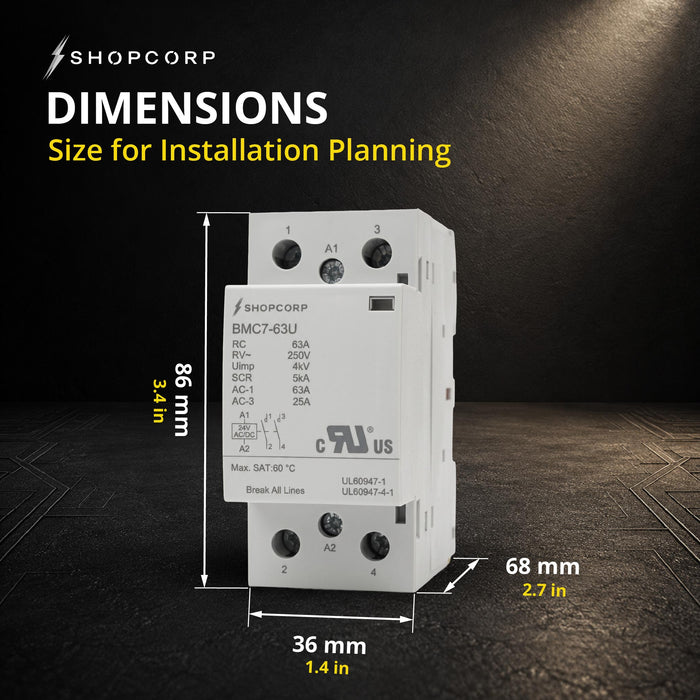 Shopcorp 2 Pole 63A NO Contactor, 24V AC/DC Coil, 250V, DIN Rail | UL Recognized for Lighting & HVAC