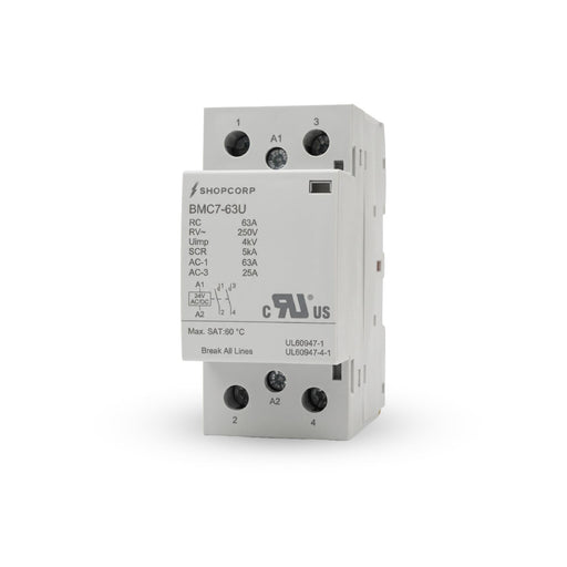 Shopcorp 2 Pole 63A NO Contactor, 24V AC/DC Coil, 250V, DIN Rail | UL Recognized for Lighting & HVAC