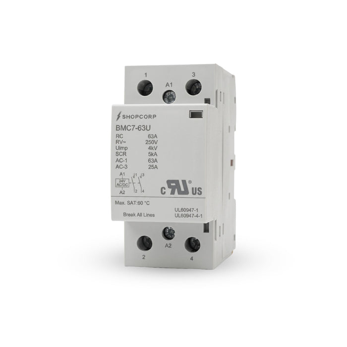Shopcorp 2 Pole 63A NO Contactor, 24V AC/DC Coil, 250V, DIN Rail | UL Recognized for Lighting & HVAC