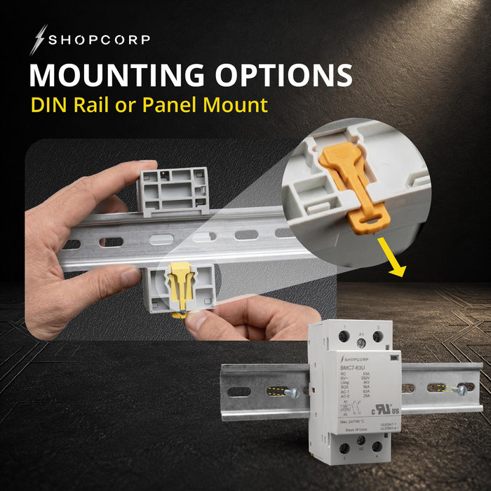 Shopcorp 2 Pole 63A NO Contactor, 24V AC/DC Coil, 250V, DIN Rail | UL Recognized for Lighting & HVAC
