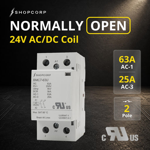 Shopcorp 2 Pole 63A NO Contactor, 24V AC/DC Coil, 250V, DIN Rail | UL Recognized for Lighting & HVAC