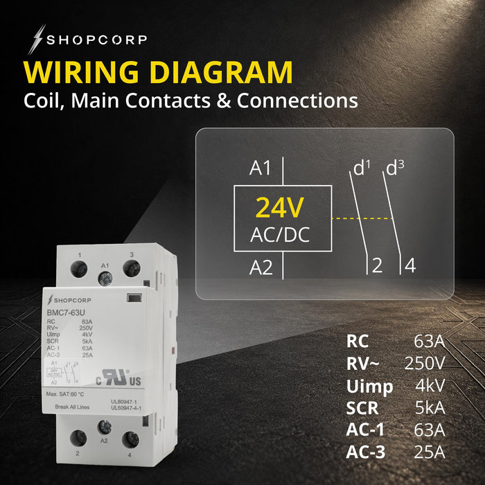 Shopcorp 2 Pole 63A NO Contactor, 24V AC/DC Coil, 250V, DIN Rail | UL Recognized for Lighting & HVAC