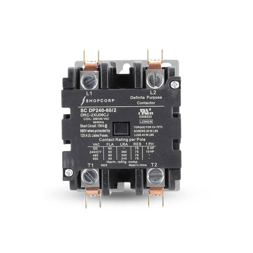 Shopcorp 60 Amp 2 Pole Definite Purpose Contactor | 75A RES, 220/240V Coil, UL Listed for HVAC, Refrigeration & Heat Pump Systems