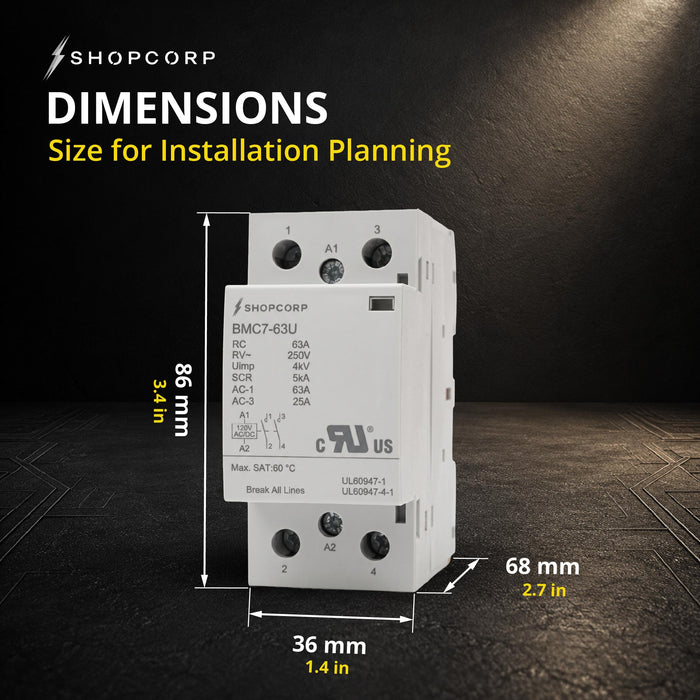 Shopcorp 2 Pole 63A NO Contactor, 120V AC/DC Coil for HVAC & Lighting, DIN Rail | UL Recognized