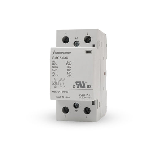 Shopcorp 2 Pole 63A NO Contactor, 120V AC/DC Coil for HVAC & Lighting, DIN Rail | UL Recognized