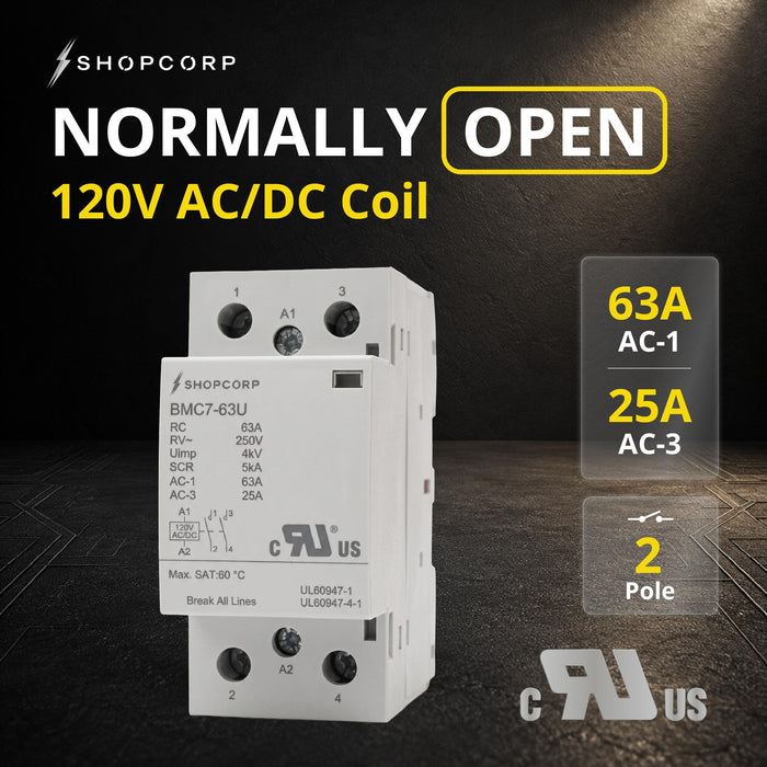 Shopcorp 2 Pole 63A NO Contactor, 120V AC/DC Coil for HVAC & Lighting, DIN Rail | UL Recognized