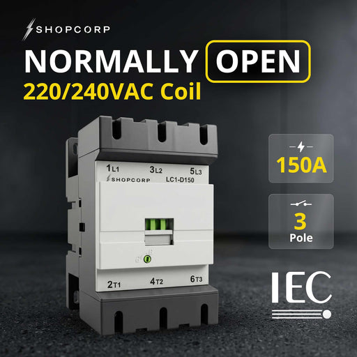 Shopcorp 3 Pole AC Contactor 150A AC-3, 220/240VAC Coil, 200A Ith, IEC 690V Industrial Contactor for Motor, HVAC, Pump & Lighting Control - NO