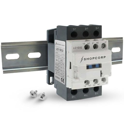 Shopcorp 32A 3 Pole NO & Aux 1NO/1NC Contactor, 110/120VAC Coil, DIN Rail & Screws for HVAC, AC, Motor Load and Lighting