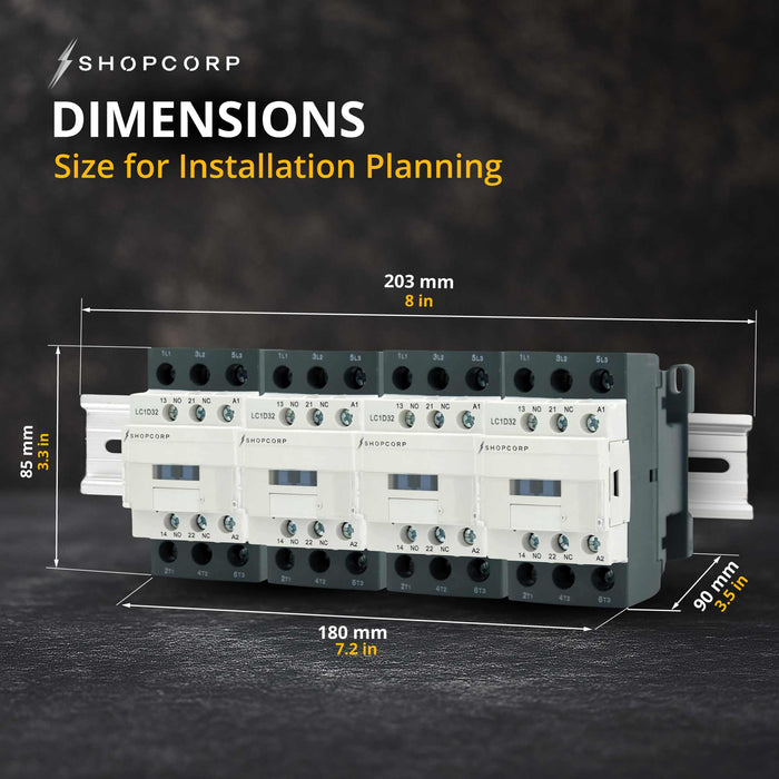 Shopcorp 30A 12 Pole (3x4) NO and Aux 1NO/1NC Contactor - 110/120VAC Coil, with DIN Rail & Screws for HVAC, AC & Lighting - Dimensions