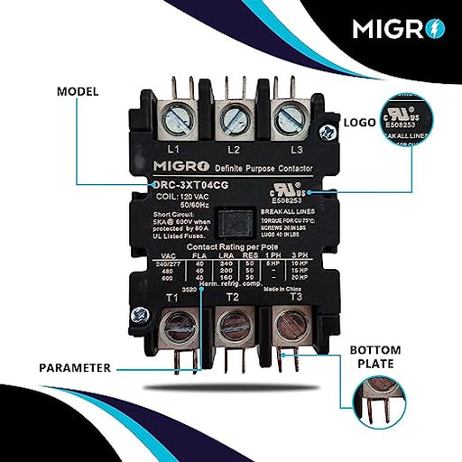 Migro 40A 3 Pole Definite Purpose Contactor - 110/120VAC Coil - UL Certified