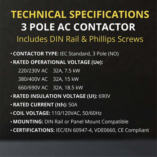 3 Pole 110/120VAC Coil Contactor - 50/60HZ for Motor Load, HVAC and Lighting + Rail
