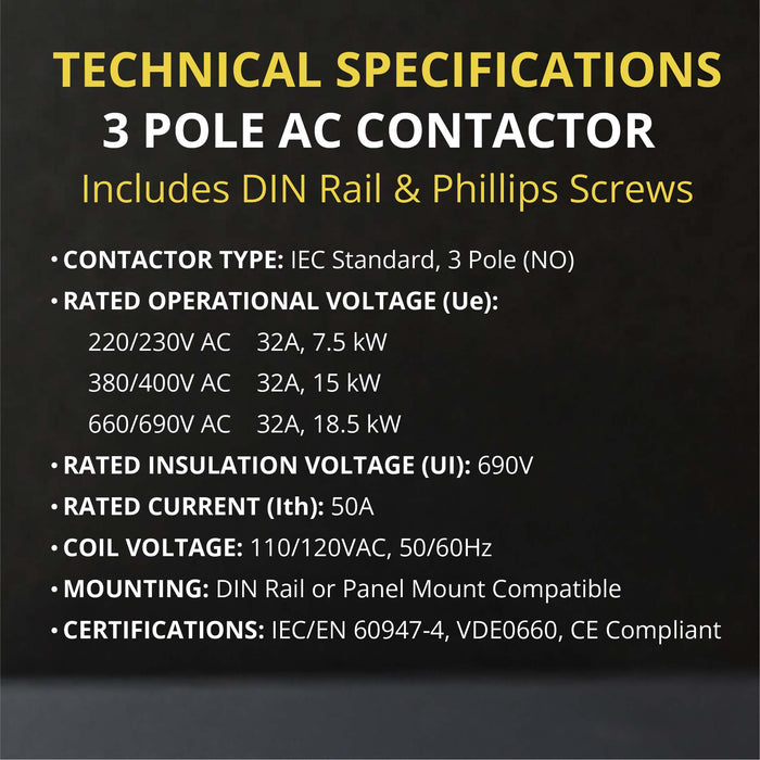 3 Pole 110/120VAC Coil Contactor - 50/60HZ for Motor Load, HVAC and Lighting + Rail