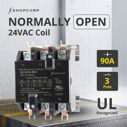 Shopcorp 90 Amp 3 Pole Definite Purpose Contactor – 120A RES, 24V Coil, IEC/UL Listed for HVAC, Lighting & Motor Applications