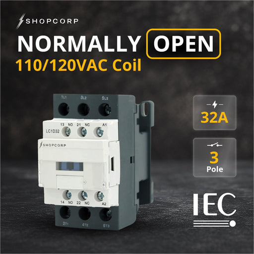 Shopcorp 30A 3 Pole IEC 660V Contactor - Normally Open and Aux. 1NO/1NC - 110/120VAC Coil for HVAC, AC, Motor & Lighting - NO