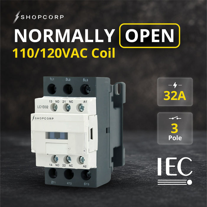 Shopcorp 30A 3 Pole IEC 660V Contactor - Normally Open and Aux. 1NO/1NC - 110/120VAC Coil for HVAC, AC, Motor & Lighting - NO