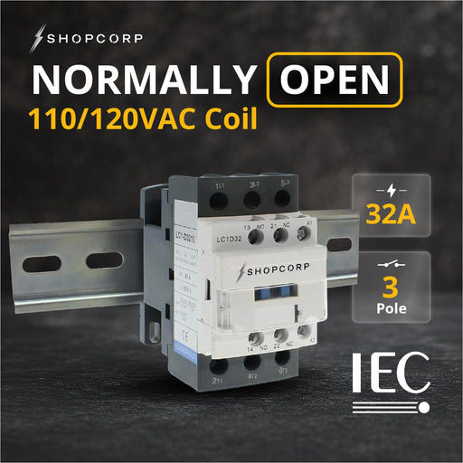 Shopcorp 32A 3 Pole NO & Aux 1NO/1NC Contactor, 110/120VAC Coil, DIN Rail & Screws for HVAC, AC, Motor Load and Lighting - NO
