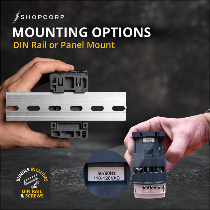 Shopcorp 32A 3 Pole NO & Aux 1NO/1NC Contactor, 110/120VAC Coil, DIN Rail & Screws for HVAC, AC, Motor Load and Lighting - Mounting Options + Rail