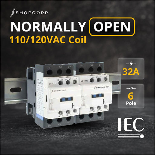 Shopcorp 30A 6 Pole (3 Pole x 2) NO & Aux 1NO/1NC Contactor - 110/120VAC Coil, with DIN Rail for HVAC, AC, Motor & Lighting - NO