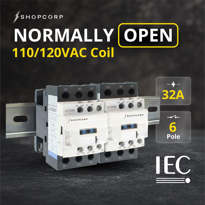 Shopcorp 30A 6 Pole (3 Pole x 2) NO & Aux 1NO/1NC Contactor - 110/120VAC Coil, with DIN Rail for HVAC, AC, Motor & Lighting - NO